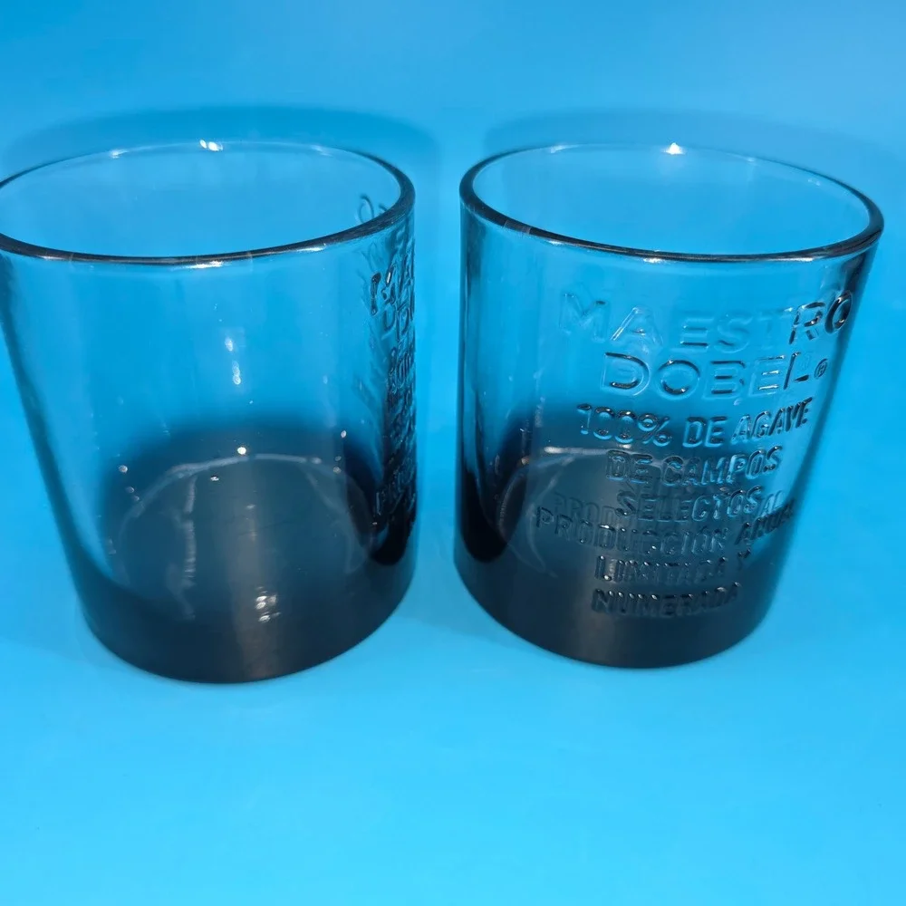 Maestro Dobel Tequila Rocks Glasses Set of 2 Smoky‎ Blue Grey Embossed Agave